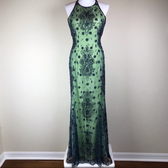 Lillie Rubin Grey Green Beaded Silk Halter Gown - Picture 2 of 8
